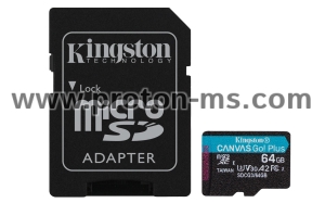 Карта памет Kingston Canvas Go! Plus microSDXC 64GB, UHS-I, Class 10, U3, V30, A2, Адаптер