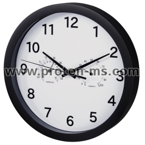 Hama "Pure Plus" Wall Clock, &Oslash; 25 cm, with Thermometer / Hygrometer, Quiet, black