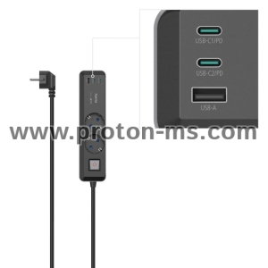 Разклонител Hama ,2-гнезда, USB-C/A 65 W, PD, ключ on/off , 1.4 m, черен/сив