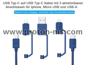 Кабел за зареждане Type-C- Micro USB/ Lightning/ USB-A син цвят   PDC-3  XTAR