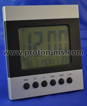 Настолен часовник с будилник, календар и термометър с LCD дисплей
